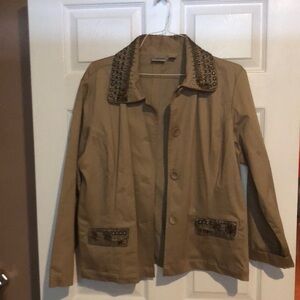 Chico’s Tan Jacket with Beaded Trim in Collar and Pockets